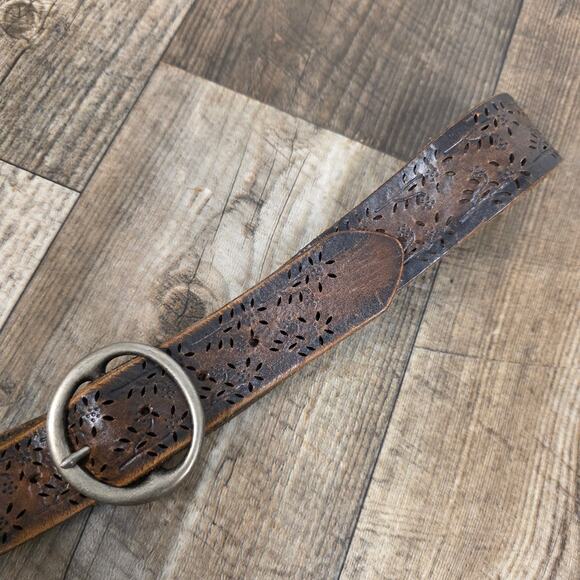 Vibtage Brown Leather Distressed Floral Cutout Belt Western Boho